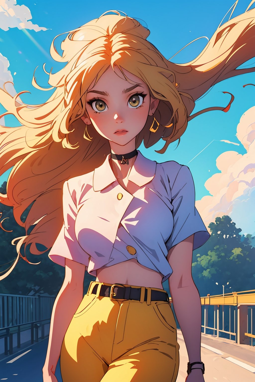 Anime style portrait, clear brushstrokes, clear lines, vivid colors, sharp image, Beautiful young woman, straight long blonde hair, choker, short yellow top under an open reneissance art patterned short-sleeve shirt, naked belly, hourglass body figure, light brown cargo pants with a belt. In the middle of a road on a huge bridge, wind blows, golden hour sunshine, bright yellow highlights, yellow sun rays, clear blue sky, lens flare, light leaks, flim photography aesthetic, anime style digital drawing, masterpiece, high quality artwork, high resolution,