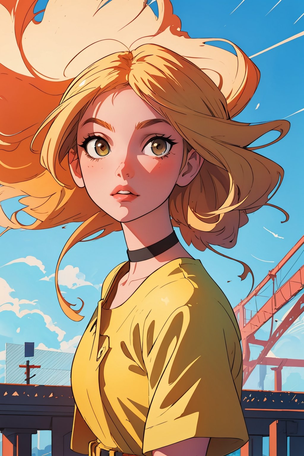 Anime style portrait, clear brushstrokes, clear lines, vivid colors, sharp image, Beautiful young woman, straight long blonde hair, choker, short yellow top under an open reneissance art patterned short-sleeve shirt, naked belly, hourglass body figure, light brown cargo pants with a belt. In the middle of a road on a huge bridge, wind blows, golden hour sunshine, bright yellow highlights, yellow sun rays, clear blue sky, lens flare, light leaks, flim photography aesthetic, anime style digital drawing, masterpiece, high quality artwork, high resolution,