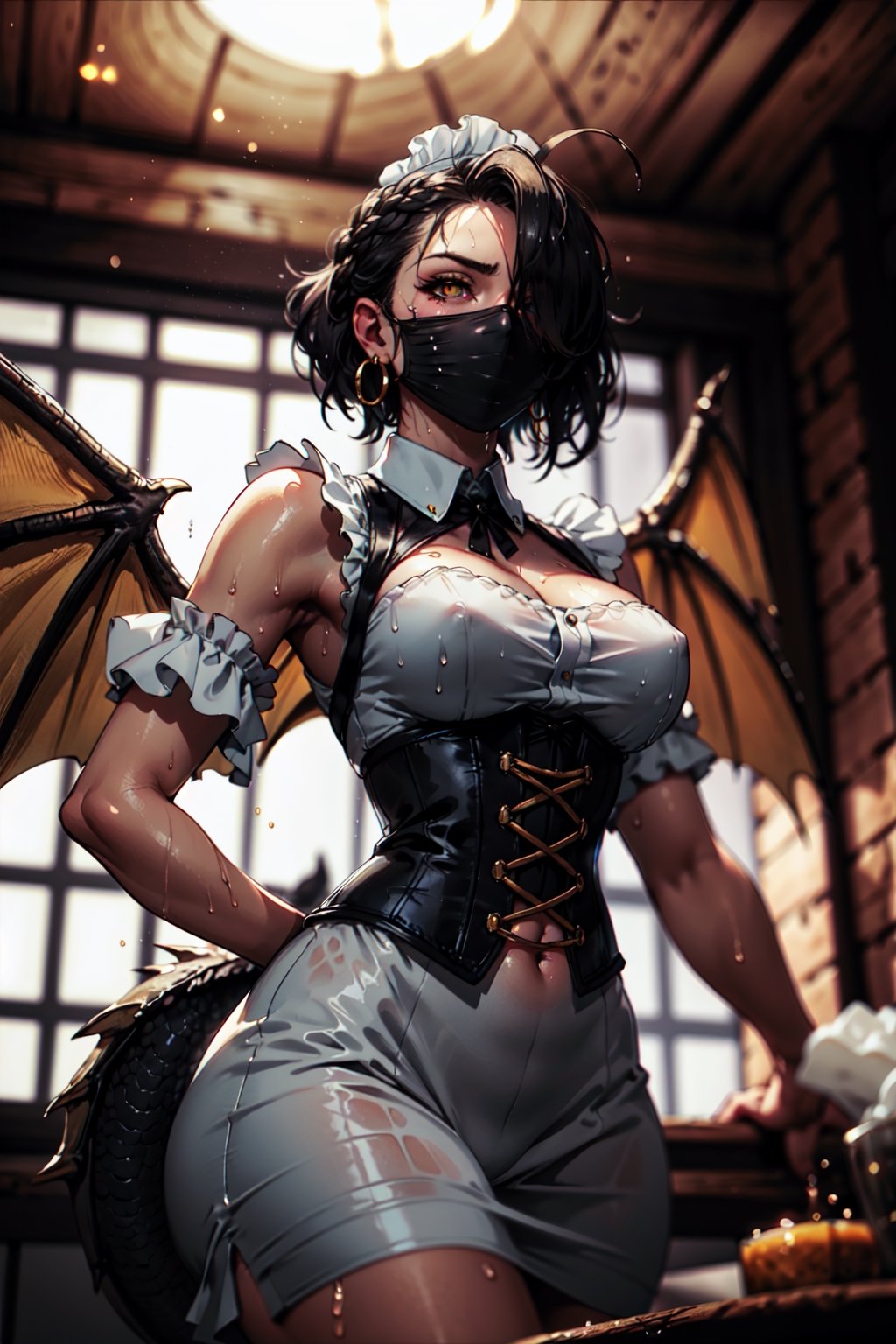 1girl, (one eye covered), ahoge, pose, crown braid, short hair, tavern, medieval tavern, beer, mugs, wooden floor, (from below:1.3), (depth of field, blurry foreground, blurry background:1.3), dark lighting, volumetric lighting, sun beam, glowing particles, light particles, dimmed lighting, (maid clothing), fur trim, black accent, golden accessories, hoop earrings, (intricate details), sweat, wet, wet hair, disheveled hair, corset, horns, (dragon tail), (dragon wings), (matching wings:1.3)