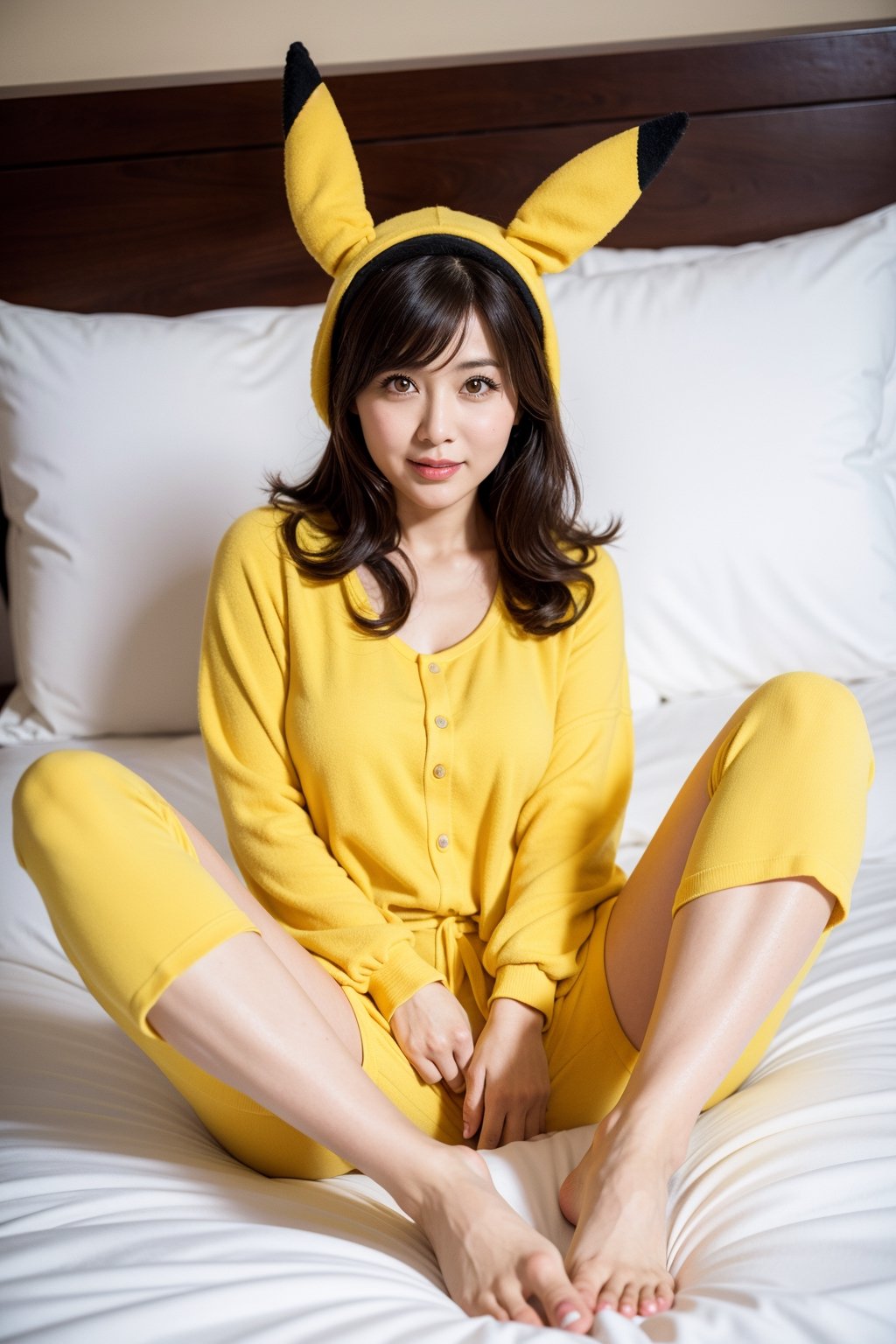 35 year old,mature woman,full body potrait,on bed,cosplay as pikachu,messy hair,spread leg wide