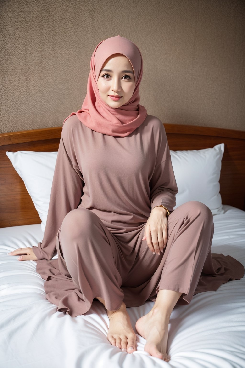 mature woman,full body potrait,on bed,messy hair,spread leg wide,muslim,(hijab:1.3),mature face,(47 year old:1.4),pale skin