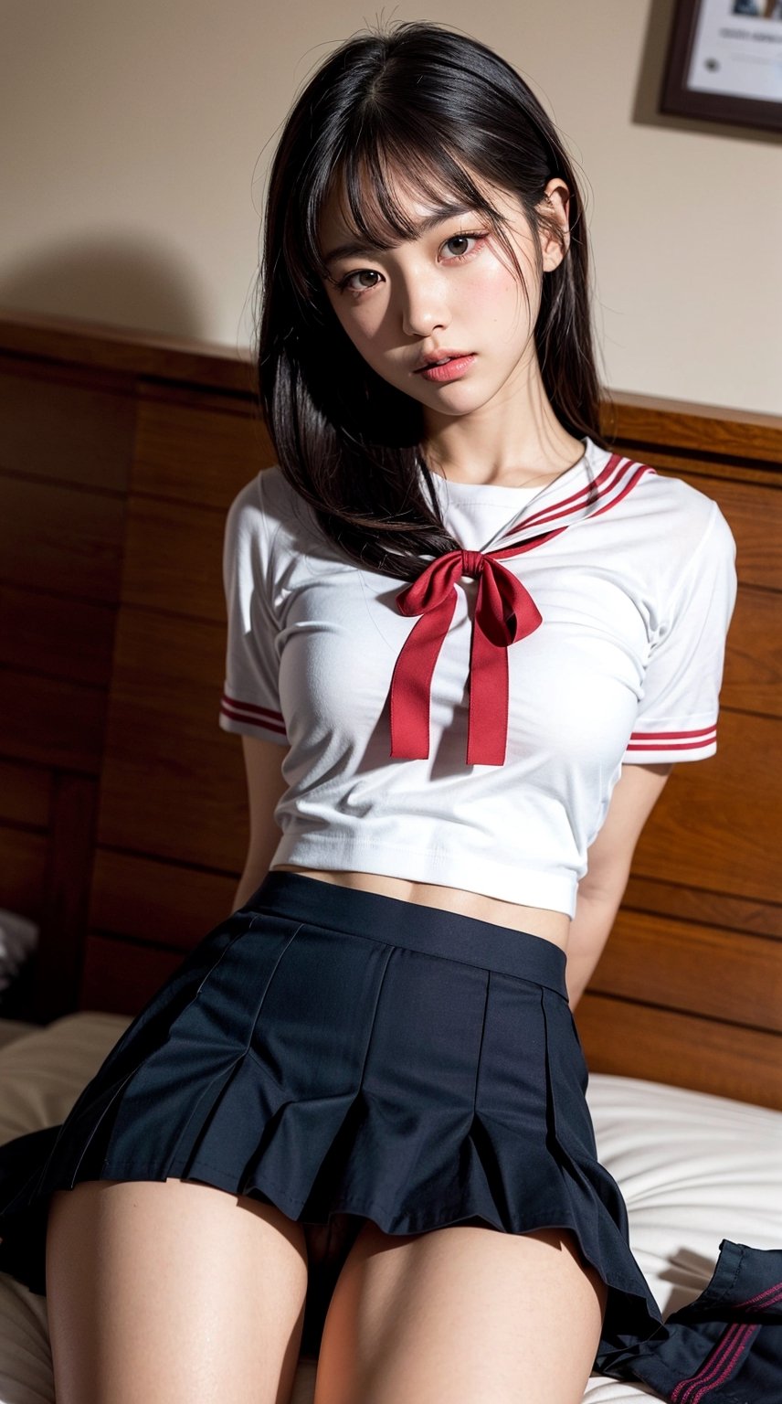 1girls,Natural Portrait,Highest Quality,Masterpiece,Realistic,Ultra High Resolution,Complex Details,Exquisite Details and Texture,Realistic,Beauty,Thai College Student,Serafuku,Thin and Long Body,Summer_School Uniform,White Shirt,details,no panties,lift the skirt,put your arms behind your back,show your pussy,spanking,long hair,round face,skort,lying down on bed