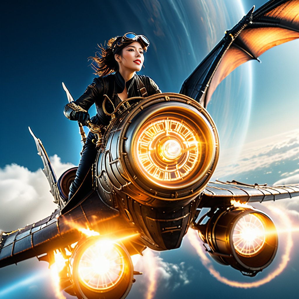 Realistic 16K resolution photography of  highly detailed, cinematic image of a magnificent, fiery metal steampunk wyvern in mid-air flight, with an astronaut soldier clad in a black, intricately designed steampunk suit riding atop the beast. The wyvern's massive, serpentine head takes center stage, with a fierce, snarling expression. The background features a soft, blurred landscape of clouds, with a warm, golden light casting a sense of high-speed motion. Incorporate realistic textures, intricate details, and a sense of dynamic energy. Lighting should be dramatic, with a warm, golden hour tone. The overall atmosphere should evoke a sense of thrilling adventure and sci-fi fantasy,
break,
1 girl, Exquisitely perfect symmetric very gorgeous face, Exquisite delicate crystal clear skin, Detailed beautiful delicate eyes, perfect slim body shape, slender and beautiful fingers, nice hands, perfect hands, illuminated by film grain, realistic skin, dramatic lighting, soft lighting, exaggerated perspective of ((Wide-angle lens depth)),