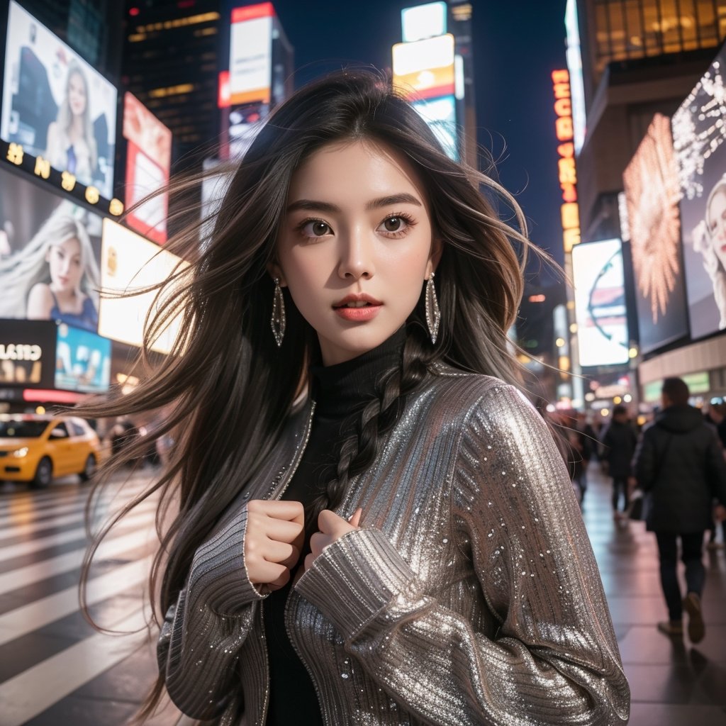 photo-realistic masterpiece depiction a beautiful joyful girl, running into Time Sqaure at New York for New year eve, big screen shows finial counting down, fireworks in the sky, cinematic lighting, diffused lighting, RAW photo, symmetry photo, epic scale, sharp focus, fish-eye lens, wide-angle lens, insane details, 
break, 
(1 girl, medium long hair, braid hair, silver hair,  Exquisitely perfect symmetric very gorgeous face,  perfect breasts,  Exquisite delicate crystal clear skin,  Detailed beautiful delicate eyes, perfect slim body shape, slender and beautiful fingers:0.9,nice hands, perfect hands, full_body,), dressing winter outfit,Detailedface