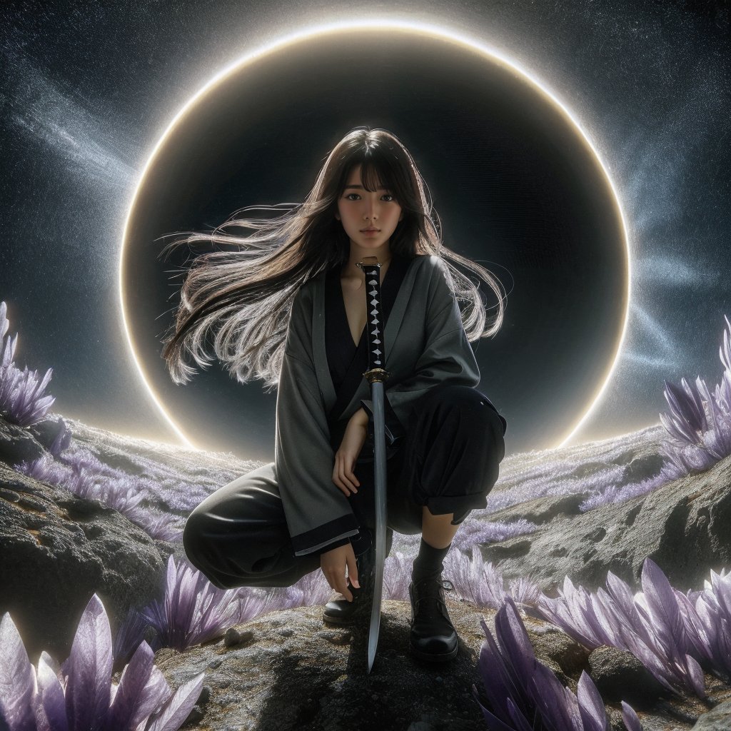 Realistic 16K resolution photography of a girl with Hair flowing in the wind, straight black hair and a black and gray loose suit. she squatting on the ground with a katana in her hand. huge circular halo behind, on an unknown alien planet, surrounded by mineral rocks covered with purple crystals, 
break, 
1 girl, Exquisitely perfect symmetric very gorgeous face, Exquisite delicate crystal clear skin, Detailed beautiful delicate eyes, perfect slim body shape, slender and beautiful fingers, nice hands, perfect hands, illuminated by film grain, realistic skin, dramatic lighting, soft lighting, exaggerated perspective of ((fisheye lens depth)),Masterpiece