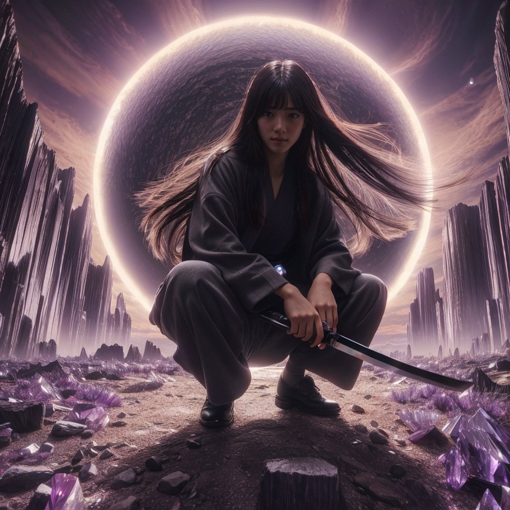 Realistic 16K resolution photography of a girl with Hair flowing in the wind, straight black hair and a black and gray loose suit. she squatting on the ground with a katana in her hand. huge circular halo behind, on an unknown alien planet, surrounded by mineral rocks covered with purple crystals, 
break, 
1 girl, Exquisitely perfect symmetric very gorgeous face, Exquisite delicate crystal clear skin, Detailed beautiful delicate eyes, perfect slim body shape, slender and beautiful fingers, nice hands, perfect hands, illuminated by film grain, realistic skin, dramatic lighting, soft lighting, exaggerated perspective of ((fisheye lens depth)),Masterpiece