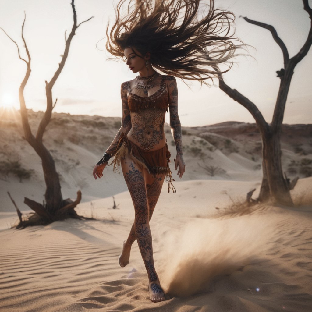 Realistic 16K resolution photography of 1girl hair floating, with full body of tattooed,  walking on desert sand, barefoot. Henna-inspired dress, intricate details, and tribal patterns. Sand blows in the gust, surround by withered trees and rocky outcrops
break,
1 girl, Exquisitely perfect symmetric very gorgeous face, Exquisite delicate crystal clear skin, Detailed beautiful delicate eyes, perfect slim body shape, slender and beautiful fingers, nice hands, perfect hands, illuminated by film grain, dramatic lighting, soft lighting, exaggerated perspective of ((Wide-angle lens depth)),SD 1.5,score_9