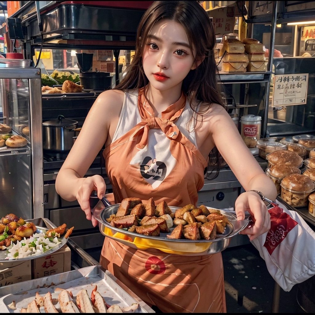 detailed, 1girl, looking at viewer, beautiful and captivating girl cooking at a food cart in a lively night market, perfect body, detail face, soft lights, vivd color, deep shadow, long_hair, sliver hair, epic scale, from_above, wide-angle, 