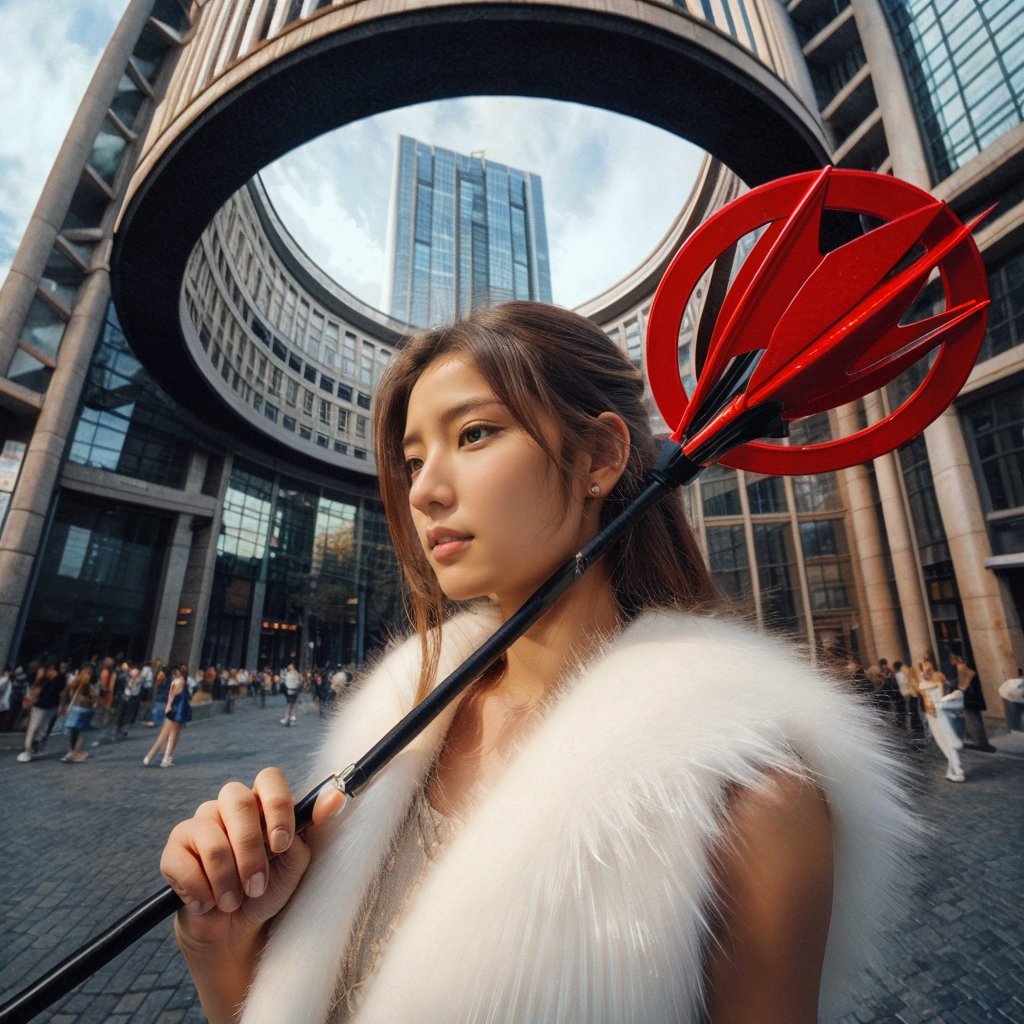 Realistic 16K resolution photography of a girl with hair flowing in the wind, wearing a white fleece vest and holding red javelin, strolling through the city center,
break, 
1 girl, Exquisitely perfect symmetric very gorgeous face, Exquisite delicate crystal clear skin, Detailed beautiful delicate eyes, perfect slim body shape, slender and beautiful fingers, nice hands, perfect hands, illuminated by film grain, realistic skin, dramatic lighting, soft lighting, exaggerated perspective of ((fisheye lens depth)),