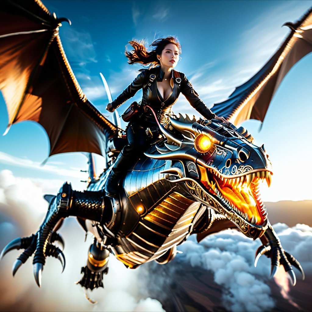 Realistic 16K resolution photography of  highly detailed, cinematic image of a magnificent, fiery metal steampunk wyvern in mid-air flight, with an astronaut soldier clad in a black, intricately designed steampunk suit riding atop the beast. The wyvern's massive, serpentine head takes center stage, with a fierce, snarling expression. The background features a soft, blurred landscape of clouds, with a warm, golden light casting a sense of high-speed motion. Incorporate realistic textures, intricate details, and a sense of dynamic energy. Lighting should be dramatic, with a warm, golden hour tone. The overall atmosphere should evoke a sense of thrilling adventure and sci-fi fantasy,
break,
1 girl, Exquisitely perfect symmetric very gorgeous face, Exquisite delicate crystal clear skin, Detailed beautiful delicate eyes, perfect slim body shape, slender and beautiful fingers, nice hands, perfect hands, illuminated by film grain, realistic skin, dramatic lighting, soft lighting, exaggerated perspective of ((Wide-angle lens depth)),