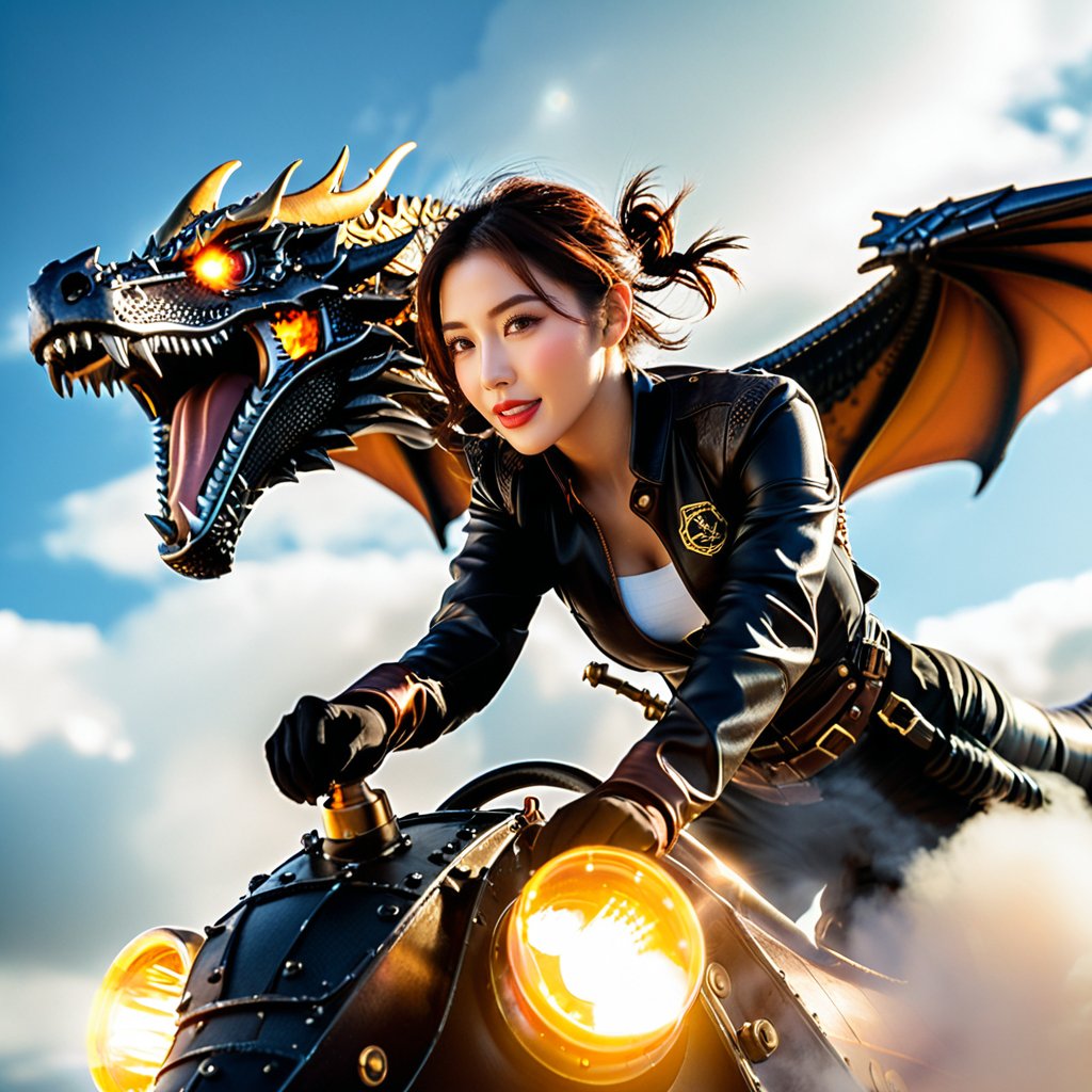 Realistic 16K resolution photography of close up shot, highly detailed, large head of a ferocious (fiery) metal steampunk wyvern in midair flight, an astronaut soldier in black steampunk suit rides on top of the wyvern, clouds behind, high speed blur effect, cinematic lighting, realistic textures, intricate details, daylight (golden hour)
break,
1 girl, Exquisitely perfect symmetric very gorgeous face, Exquisite delicate crystal clear skin, Detailed beautiful delicate eyes, perfect slim body shape, slender and beautiful fingers, nice hands, perfect hands, illuminated by film grain, realistic skin, dramatic lighting, soft lighting,hinaigirl