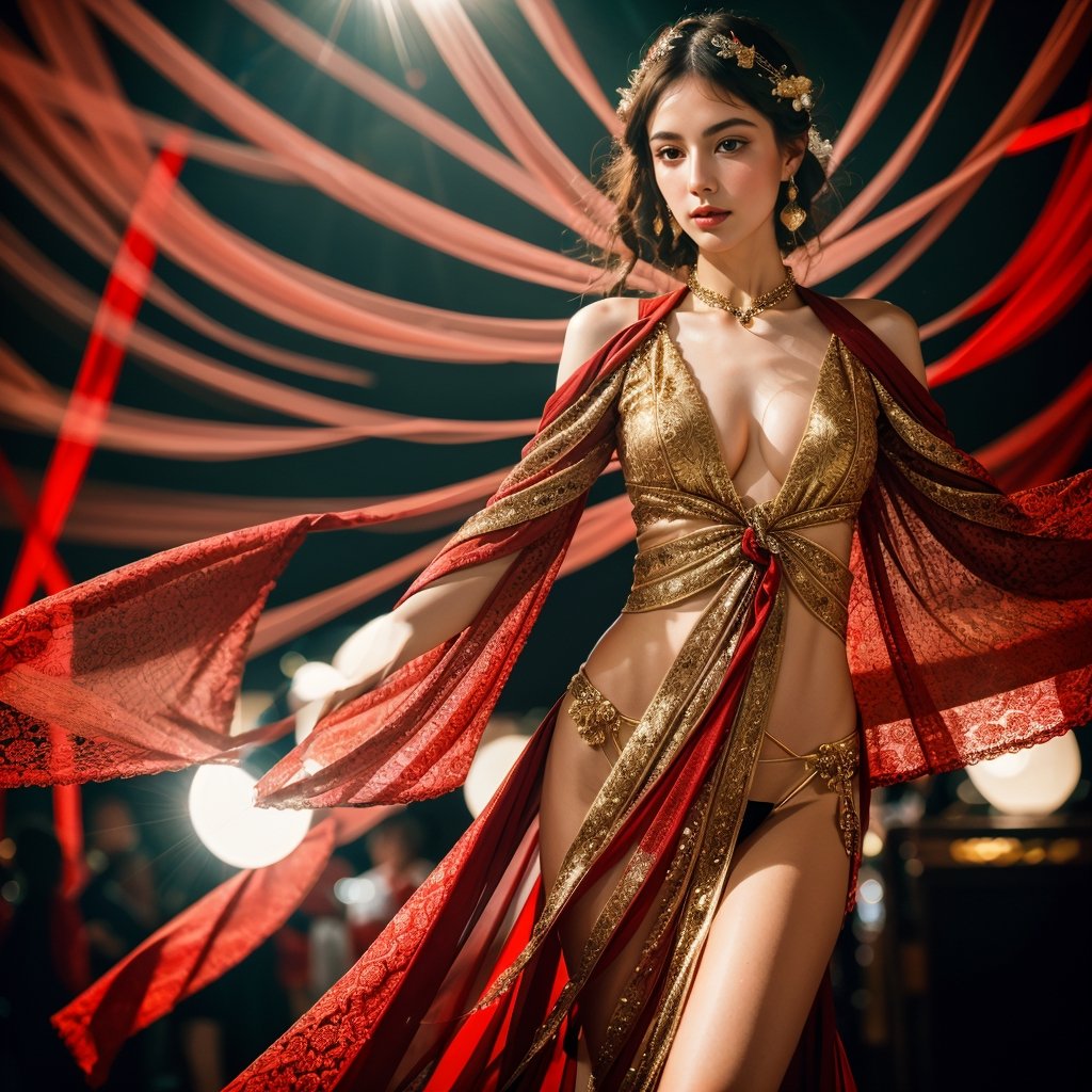 Realistic 8K resolution photography of multiple exposure photography featuring red and white silks with extreme motion blur and twisted speed lines,  A girl wearing fashionable outfit in front of intricately detailed black and gold Ksitigarbha Bodhisattva statue, in Tokyo. 
break, 
1 girl, Exquisitely perfect symmetric very gorgeous face, perfect breasts, Exquisite delicate crystal clear skin, Detailed beautiful delicate eyes, perfect slim body shape, slender and beautiful fingers, nice hands, perfect hands, perfect pussy, illuminated by film grain, Film photo style, realistic skin, fish-eye lens, lens flare,More Detail, exaggerated perspective of fisheye lens depth,
