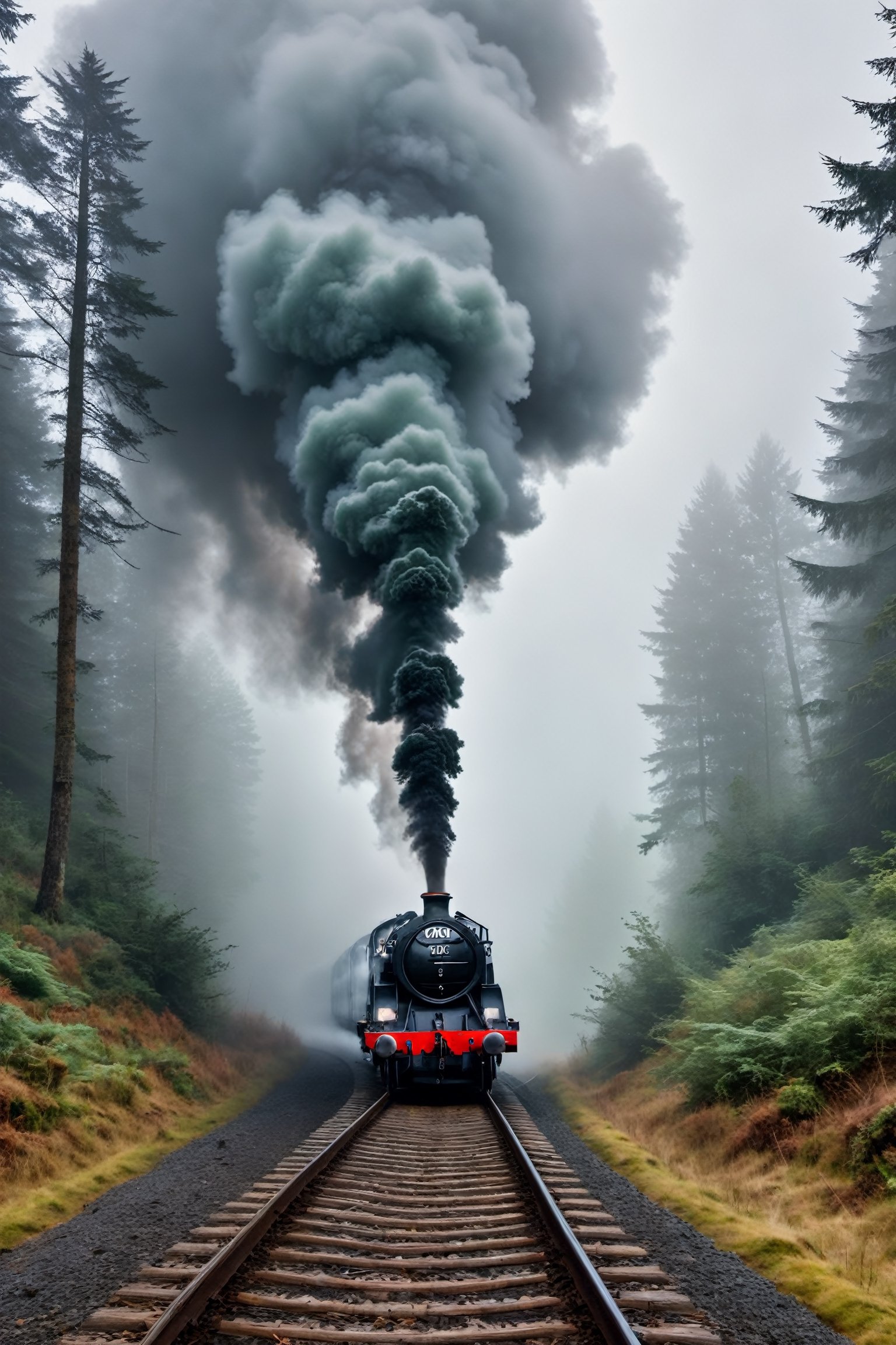 #McBane: 8k, RAW photo, best quality, masterpiece, train travelling thru a foggy and creepy forest, close up, frightening, white smoke, flying scotsman