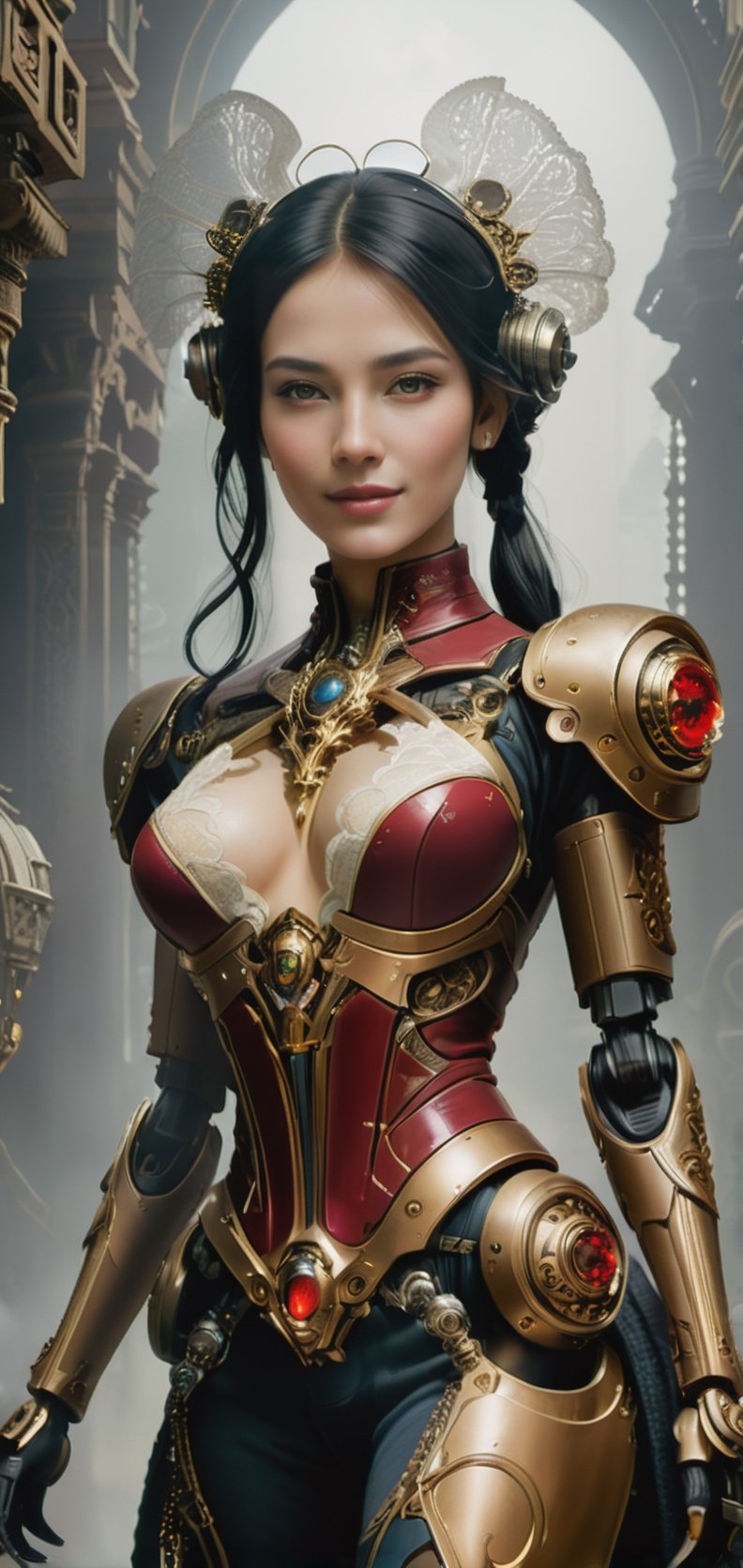 Picture a futuristic noblewoman, a scion of one of Terra's great houses, in the (grim) and (technologically grandiose) (steampunk) setting of (((Warhammer 40k))). She stands within the opulent confines of a sprawling [high-tech] futuristic [sci-fi] palace, a fusion of (Gothic architecture) and (advanced machinery), its towering obsidian spires adorned with dark banners bearing the sigil of her noble house. The palace is a testament to the (dark majesty of technology) within this dystopian future. [Ornate, arched doorways] are not only richly decorated but equipped with (intricate mechanical locks), and the entire structure resonates with the omnipresent hum of (arcane machinery), which powers and sustains this advanced civilization. The noblewoman herself embodies both regal grace and technological sophistication. Her attire blends decadence with power, featuring a [floor-length gown] made of [rich, dark velvet], adorned with [intricate lacework], and highlighted with [deep crimson accents]. Her [delicately arched jawline] adds to her allure, tracing the contours of [full cheeks] adorned with [subtle blush], a hint of secrets and passions. [Exquisite features], a [long, inviting chin], and [graceful cheekbones] harmonize with her [nose, slightly upturned at the tip], adding to her allure and a warm, shy smile. Her [parted lips], as alluring as pomegranate, with [pearly white teeth], [smiling shyly], her natural beauty complemented by [tinted lip balm]. Her eyes hold a [hypnotic gaze], the [rich brown] of her irises set against [white sclera]. [Elegantly curved eyebrows], [long, inviting eyelashes], and [subtle eyeshadow] hint at a life steeped in shadows. Around her neck, she wears a [lace choker] with a pendant bearing the emblem of her house, a symbol of her noble lineage. Her [raven-black hair], elegantly coiffed, cascades down, held in place by [ornate hairpins] featuring her family's crest. Her [alabaster skin] is untouched by the ravages of time, and her [intelligent gaze] holds the weight of centuries of imperial rule. She carries herself with a [haughty demeanor], a testament to her noble heritage. The palace's grand halls are illuminated by [edison bulb], casting flickering shadows on the colossal tapestries and [priceless artworks] that adorn the walls. The air is heavy with the scent of [incense] and [subtle perfumes], masking the stench of the polluted world outside. Here, [arcane machinery] seamlessly intertwines with the Gothic architecture, serving as a testament to both the grandeur and technological prowess of this dark future. This is a glimpse into the opulent and shadowed world of Warhammer 40k's noble elite, where a noblewoman of Terra's great houses stands as a symbol of power and decadence in an era marked by unending war and darkness, all within the backdrop of a gothic realm adorned with (advanced technology)