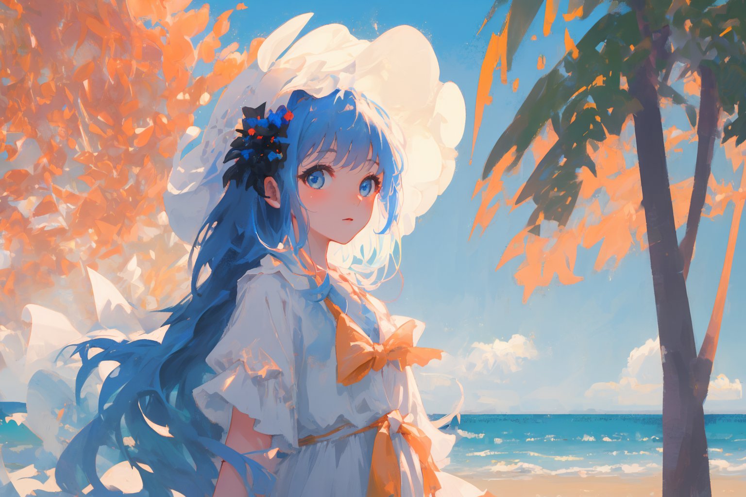 (masterpiece modern, best quality, day:1.4), whole body, long shot, peach skin, mature female, looking at viewer, pastel blue hair, long hair, blue eyes, white dress, beach background, sunny day,Anitoon, portrait, rgbcolor,midjourney