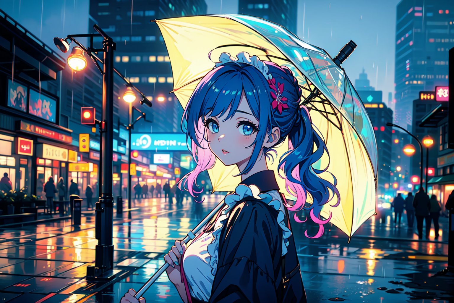 (masterpiece modern, best quality, day:1.4), nighttime, rainy, 1 girl, potrait, whole body, wavy long hair, midnight blue hair, blue eyes, maid dress, smooth white skin, holding an umbrella, black umbrella, city background, midjourney,