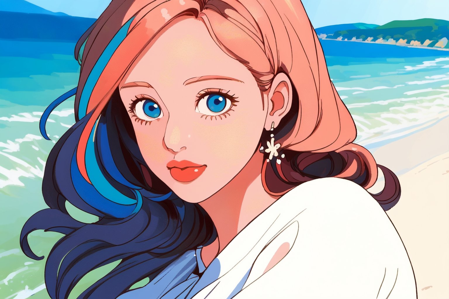 (masterpiece modern, best quality, day:1.4), whole body, long shot, peach skin, mature female, looking at viewer, colorful hair, long hair, blue eyes, white dress, beach background, sunny day,Anitoon, portrait, rgbcolor,