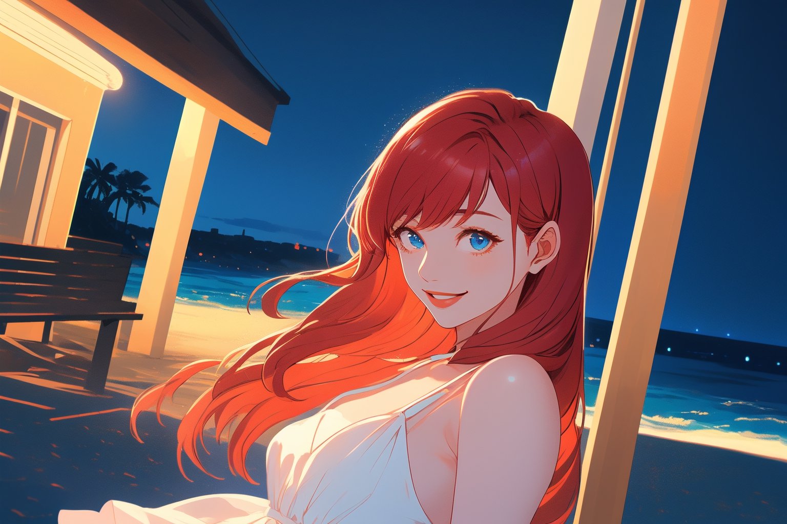 (masterpiece modern, best quality, night:1.3), whole body, long shot, peach skin, mature female, smile, long hair, red hair, blue eyes, elegant dress, beach background, sunny day,Anitoon, portrait, rgbcolor,