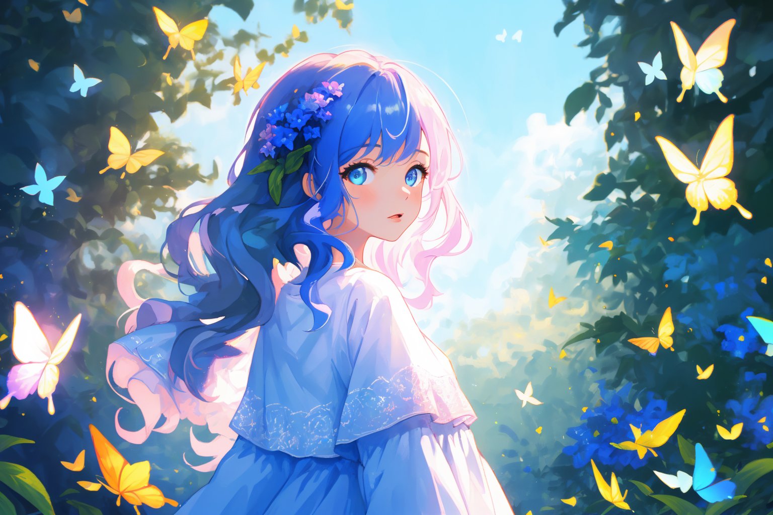 (masterpiece modern, best quality, day:1.4), whole body, long shot, peach skin, mature female, looking at viewer, rainbow hair, wavy long hair, blue eyes, white dress, park background, butterflies, surrounded by butterflies, sunny day, Anitoon, half body potrait, rgbcolor, midjourney,