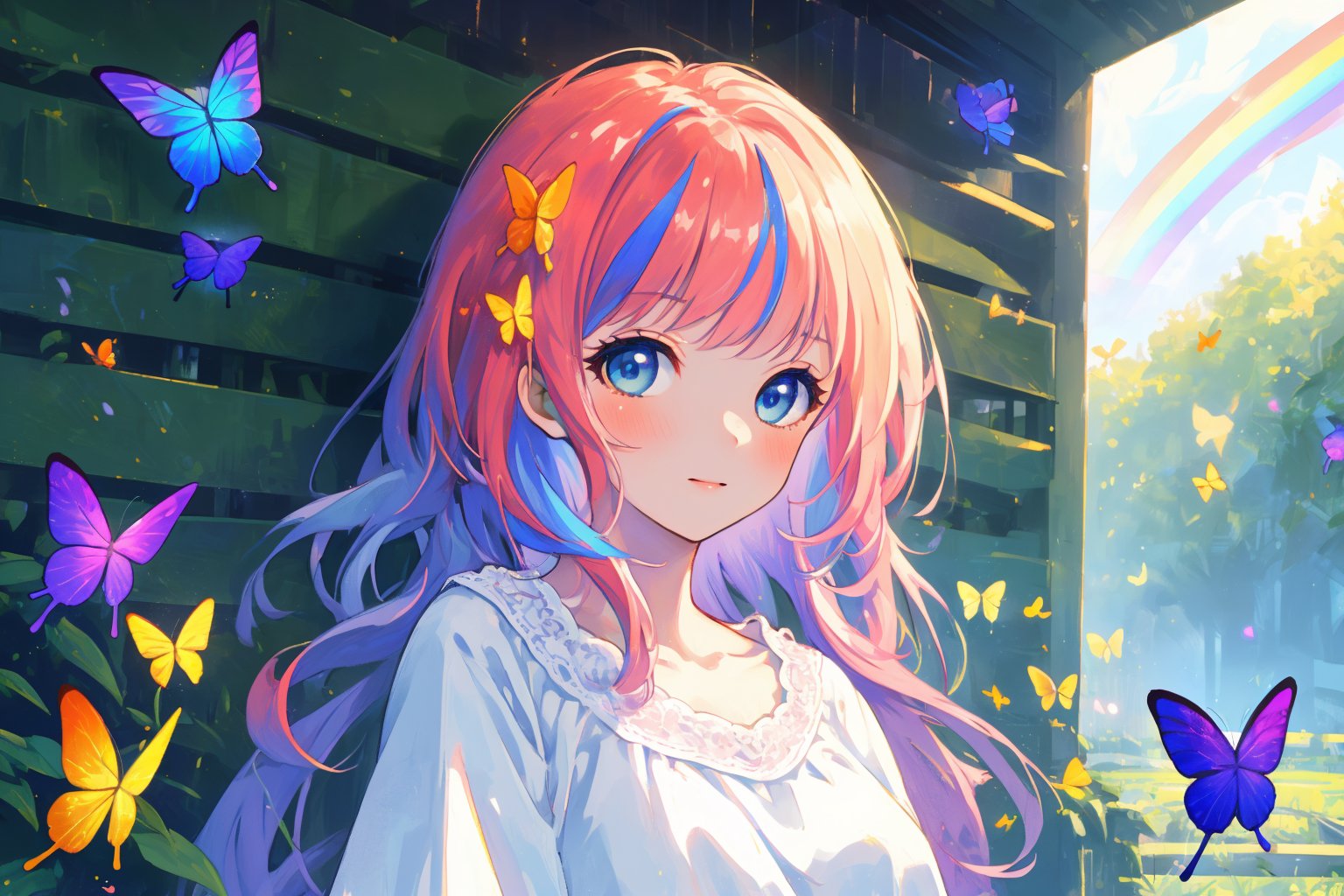 (masterpiece modern, best quality, day:1.4), whole body, long shot, peach skin, mature female, looking at viewer, rainbow hair, long hair, blue eyes, white dress, park background, butterflies, surrounded by butterflies,sunny day,Anitoon, portrait, rgbcolor,midjourney,