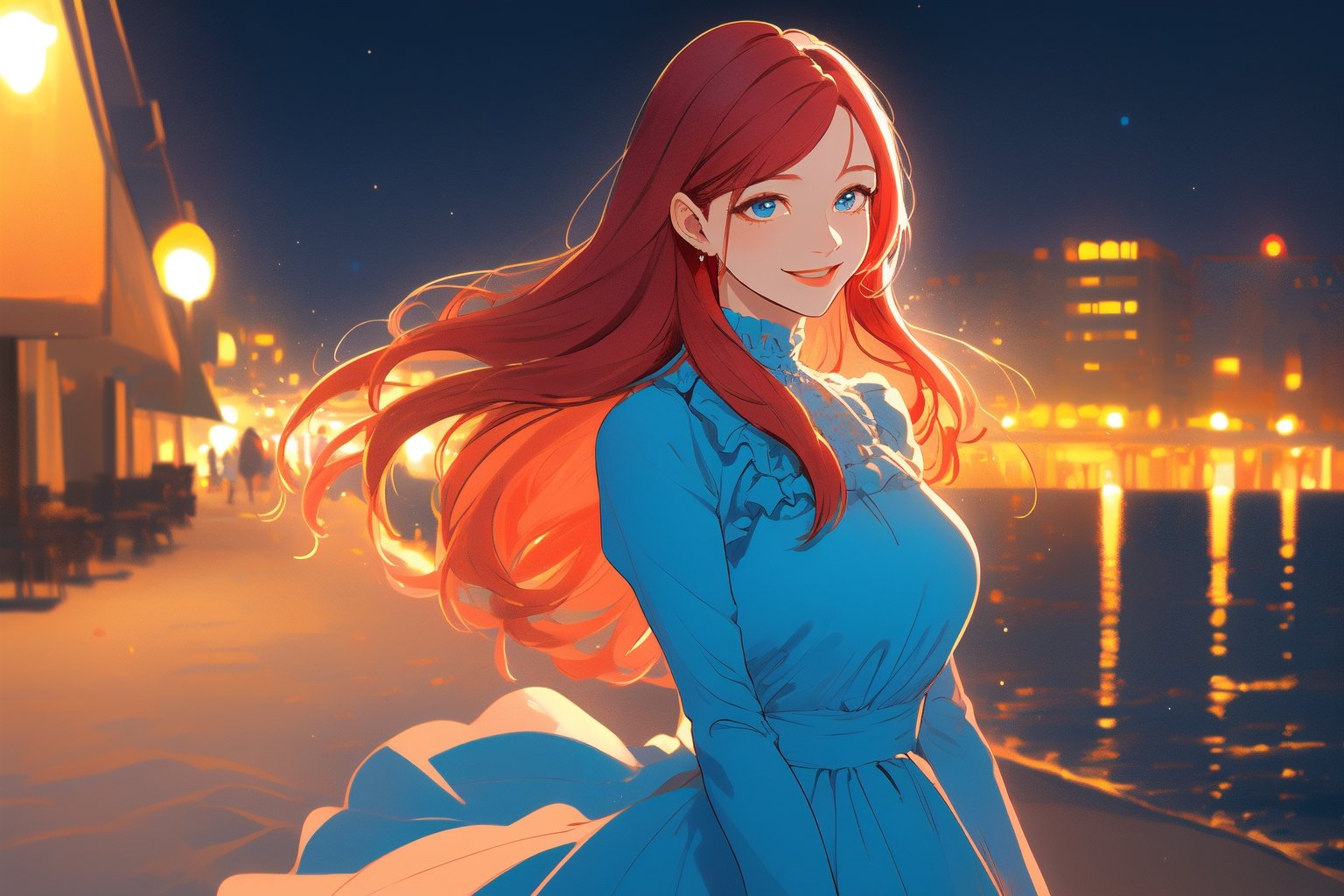 (masterpiece modern, best quality, night:1.3), whole body, long shot, peach skin, mature female, smile, long hair, red hair, blue eyes, elegant dress, beach background, sunny day,Anitoon, portrait, rgbcolor,