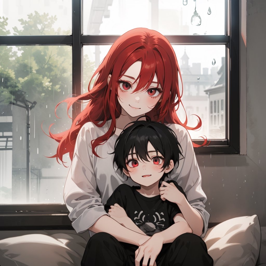 1girl (girl_long_red_hair) sitting near her window holding a little boy(black_hair, light_black_eye, cute_face)  on a rainy day, happy girl, looking at each other,Red hair