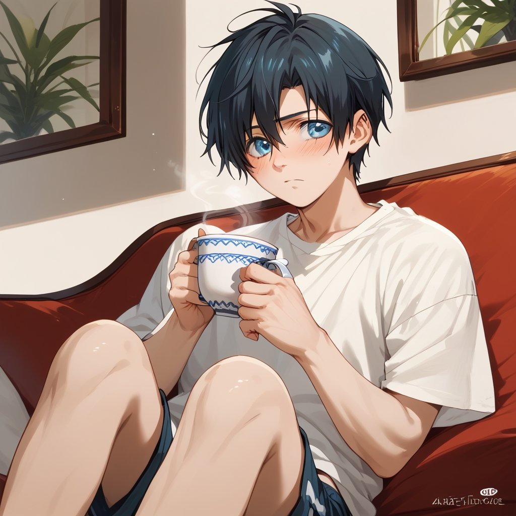 Score_9, Score_8_up, Score_7_up, Score_6_up, Score_5_up, Score_4_up,aa man, in shorts, sitting on a sofa, having a cup of tea , looking at me, lifting his shirt, blushing, sexy blushing,ciel_phantomhive,jaeggernawt