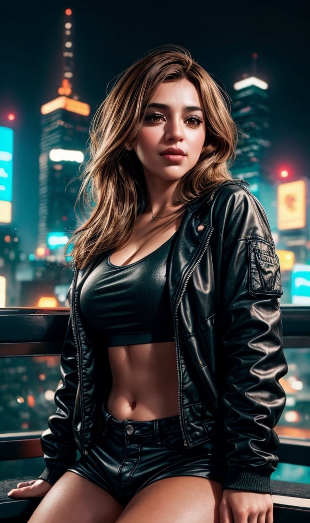  ((Top Quality)), ((8K Wallpaper)), ((Ultra High Resolution)), Good Composition, (Ultra Detail), Beautiful Art, Artistic, Realistic, Beautiful, Good Art, Landscape, Movie scene, 

A beautiful woman, photo of a beautiful girl MaruRock with a beautiful body, (long brown hair), (brown eyes), (perfect eyes), (detailed eyes), shiny skin, detailed skin, fine skin, (perfect anatomy), (realistic), five-fingered hand, nice boobs,
wearing a ((black tiny jacket)),

shot on canon, film grain, shot by Christopher Nolan, hard shadow, masterpiece, best quality, Intricate, High Detail, analog style, (soft focus:0.6), modelshoot style, film grain, In a hotel room, glowing neon, Cyberpunk, neon lights, night city, neon light, buildings, beautiful view, raining, water drops, dynamic angle, lofi, EpicSky, ink scenery, cyberpunk style, 