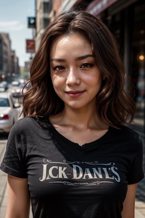 masterpiece, beat quality, woman standing front to the camera with the face of Remy3, wearing a black Jack Daniels's t-shirt with finely detailed beautiful golden eyes and detailed face a sexy smile and long_hair.
cinematic lighting, ((bust shot)),
8k uhd, dslr, soft lighting, 
high quality, film grain, Fujifilm XT3, 
extremely detailed CG unity 8k wallpaper,
Golden hour lighting,
shiny skin. Street in a modern city.