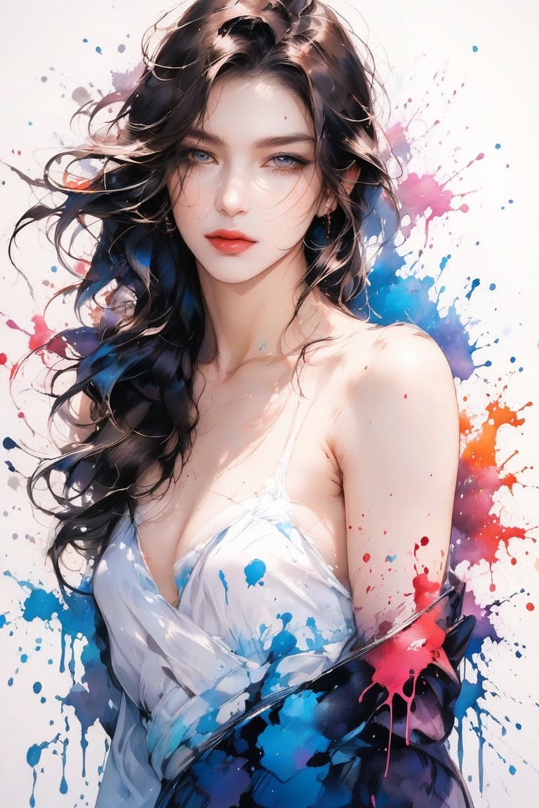 Very beautiful girl, elegant woman, ink droplets, ((colorful: 1.2)), white background, ((masterpiece: 2)), medium shot, bare shoulders, looking at viewer, ((stunning image: 1.5)), Ink art style