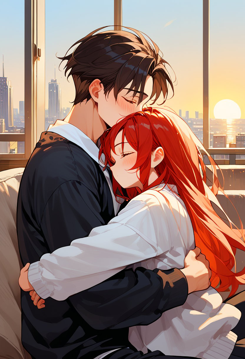 score_9, score_8_up, score_7_up, score_6_up, score_5_up, score_4_up,

1girl (red hair), long_hair, hug, 1boy (black hair), a very handsome man, sitting in a L grey sofa inside of department, boy blush, Man_hugs_girl_from_behind, eyes_contact , hetero, black clothes,brown_hair, crepusculo_sky(picture window) sun, couple, sky, long_sleeves, perfect hands, cityscape, jaeggernawt,girlnohead