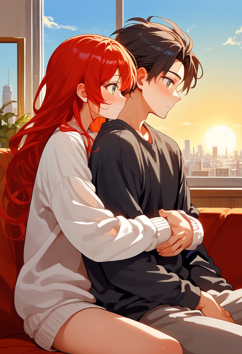 score_9, score_8_up, score_7_up, score_6_up, score_5_up, score_4_up,

1girl (red hair), long_hair, girl in his 20s, 1boy (black hair), a very handsome man, sitting in a L grey sofa inside of department, boy blush, Man_hugs_girl_from_behind, eyes_contact , hetero, black clothes,brown_hair, crepusculo_sky(picture window) sun, couple, sky, long_sleeves, perfect hands, cityscape, jaeggernawt,girlnohead