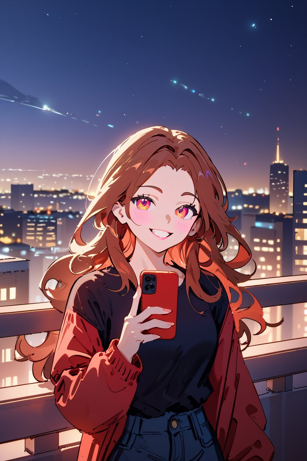Score_9, Score_8_up, Score_7_up, Score_6_up, Score_5_up, Score_4_up, night, 1girl (red long  hair), sexy, standing on the balcony of a building,city, modern city, night,looking at the front building, shirt, hetero, brown_hair, night_sky, sky, holding a cell phone in his hand and looking at the cell phone,smiling, long_sleeves, cityscape,jaeggernawtcity,2b-Eimi