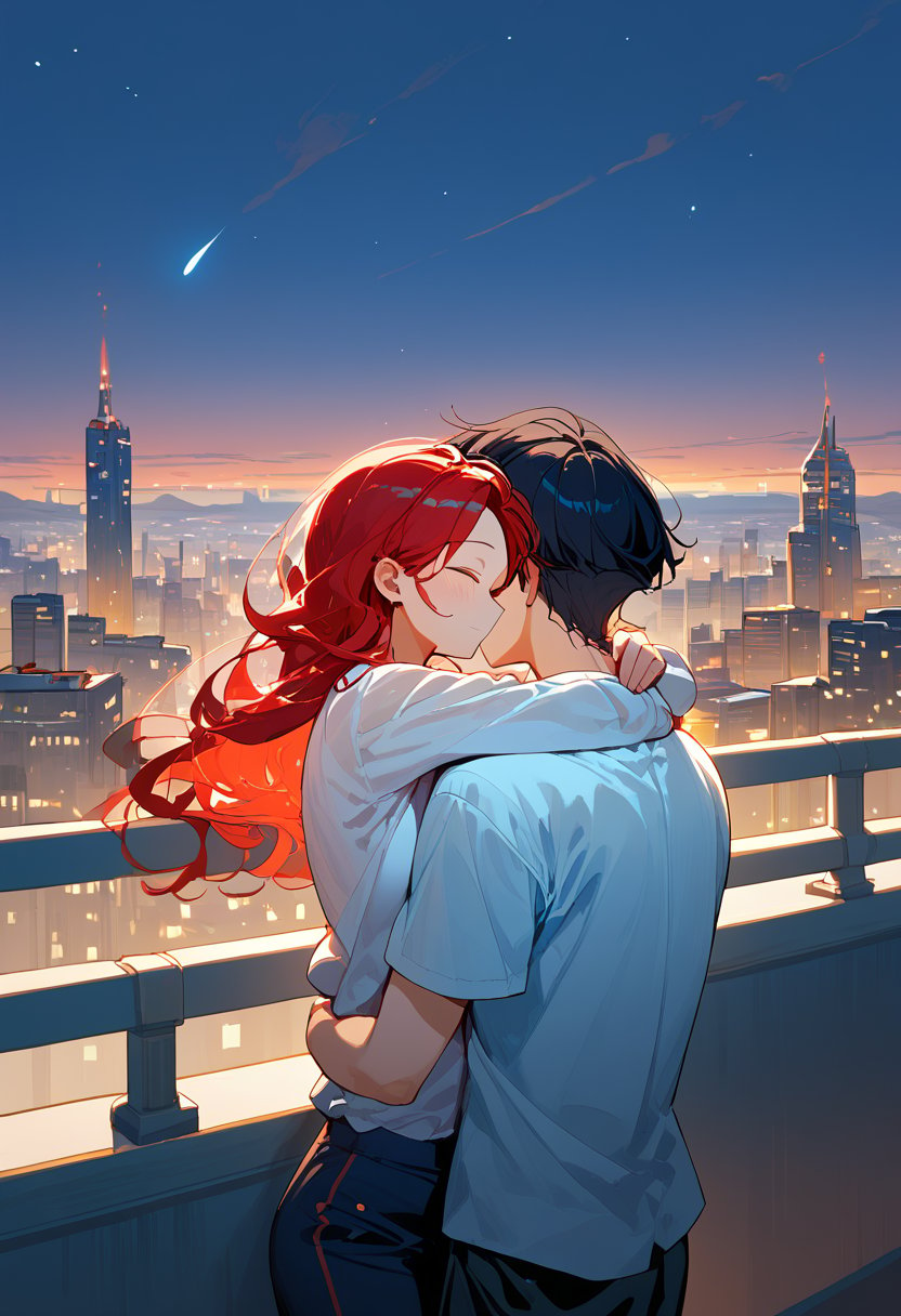 score_9, score_8_up, score_7_up, score_6_up, score_5_up, score_4_up,

1girl (red hair), long_hair, hug, night, 1boy (black hair), Man_hugs_girl_from_behind, shirt, hetero, brown_hair, night_sky, couple, sky, long_sleeves, cityscape,jaeggernawt