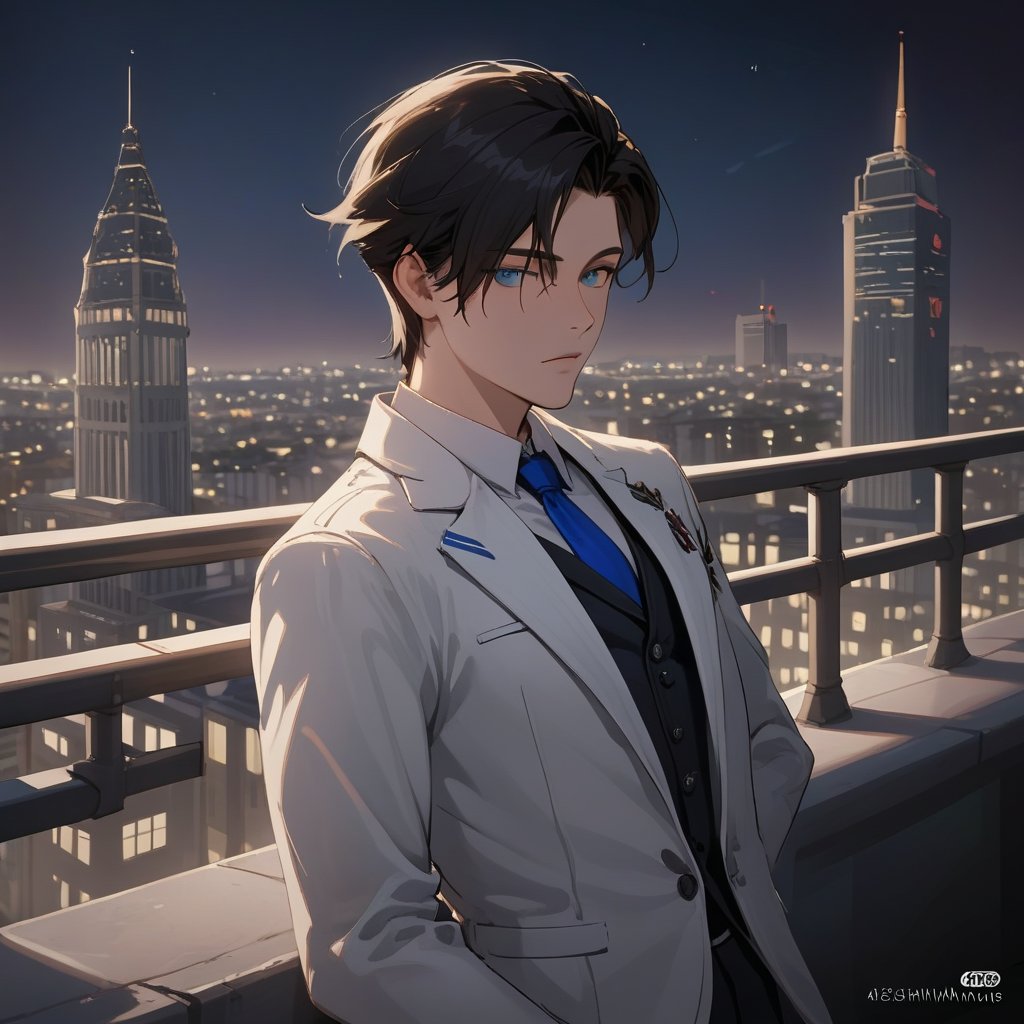 a man black hair, sexy guy, standing on the balcony of a building,city, modern city, night,looking at the front building, wearing a suit, sexy pose,leaning on the railing,ciel_phantomhive,jaeggernawt,Indoor,frames,high rise apartment,outdoor, prosthetic_eye, upper_body, fierce, detailed, detailed_face, detailed_eyes, high resolution, bold, korean Manhwa art style, Detailedface,jaeggernawt,manhwa,