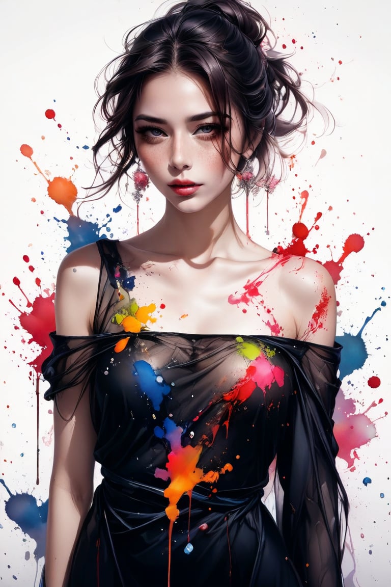 Very beautiful girl, elegant woman, ink droplets, ((colorful: 1.2)), white background, ((masterpiece: 2)), medium shot, bare shoulders, looking at viewer, ((stunning image: 1.5)), Ink art style