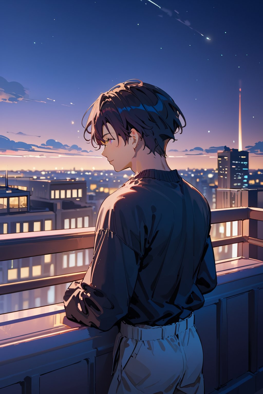 Score_9, Score_8_up, Score_7_up, Score_6_up, Score_5_up, Score_4_up, night, 1boy (black hair), sexy, standing on the balcony of a building,city, modern city, night,looking at the front building, shirt, hetero, brown_hair, night_sky, couple, sky, long_sleeves, cityscape,jaeggernawtcity,2b-Eimi