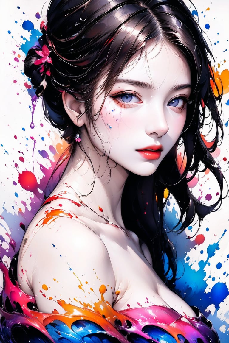 Very beautiful girl, elegant woman, ink droplets, ((colorful: 1.2)), white background, ((masterpiece: 2)), medium shot, bare shoulders, looking at viewer, ((stunning image: 1.5)), Ink art style