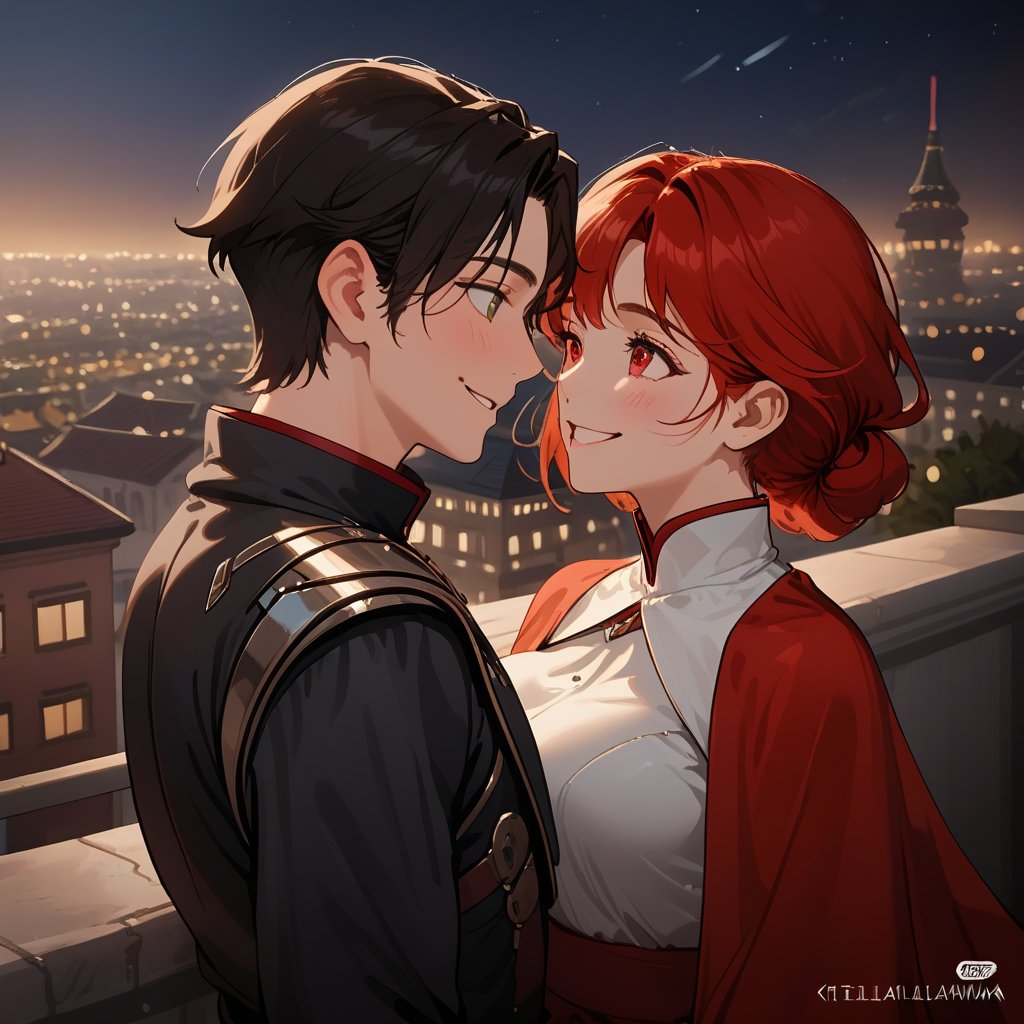 a girl red hair, sexy girl, standing on the balcony of a building with man black hair ,modern city, night, looking at each other, wearing a blcak clothes, sexy pose , smiling, ciel_phantomhive ,jaeggernawt,Indoor,frames,high rise apartment,outdoor, prosthetic_eye, upper_body, fierce, detailed, detailed_face, detailed_eyes, high resolution, bold, korean Manhwa art style, Detailedface,jaeggernawt,manhwa,