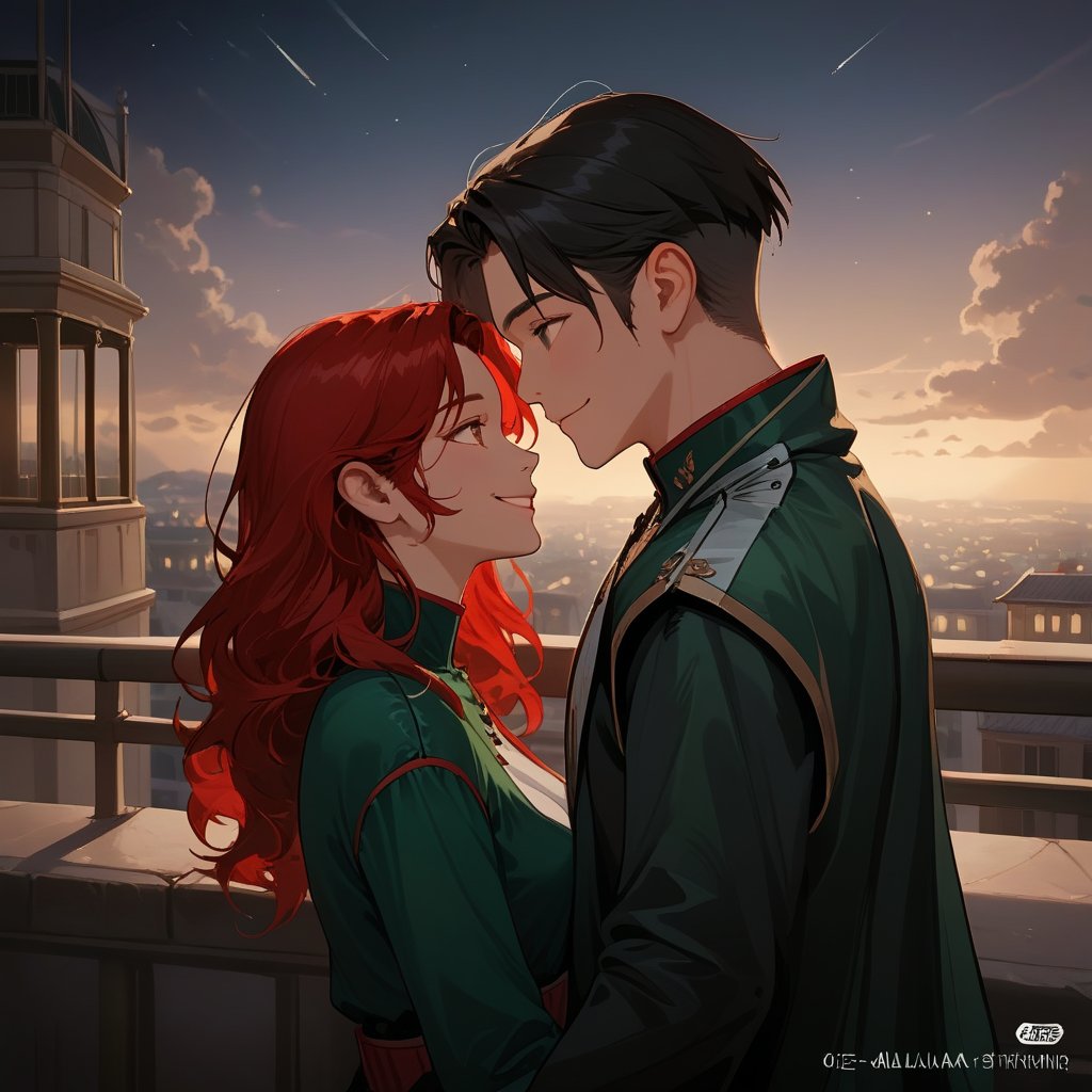 a girl red hair, sexy girl, standing on the balcony of a building with man black hair ,modern city, night,looking at each other,wearing a green top, sexy pose,smiling,ciel_phantomhive,jaeggernawt,Indoor,frames,high rise apartment,outdoor, prosthetic_eye, upper_body, fierce, detailed, detailed_face, detailed_eyes, high resolution, bold, korean Manhwa art style, Detailedface,jaeggernawt,manhwa,