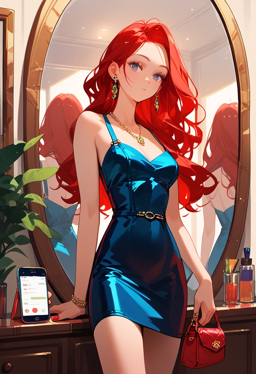 score_9, score_8_up, score_7_up, score_6_up, score_5_up, score_4_up,

1girl, solo, long hair, red hair, dress, bag, department, legs, phone, cellphone, smartphone, reflection, handbag, mirror, sexy dress