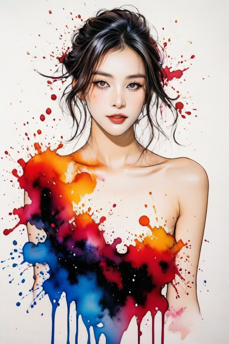 Very beautiful girl, elegant woman, ink droplets, ((colorful: 1.2)), white background, ((masterpiece: 2)), medium shot, bare shoulders, looking at viewer, ((stunning image: 1.5)), Ink art style