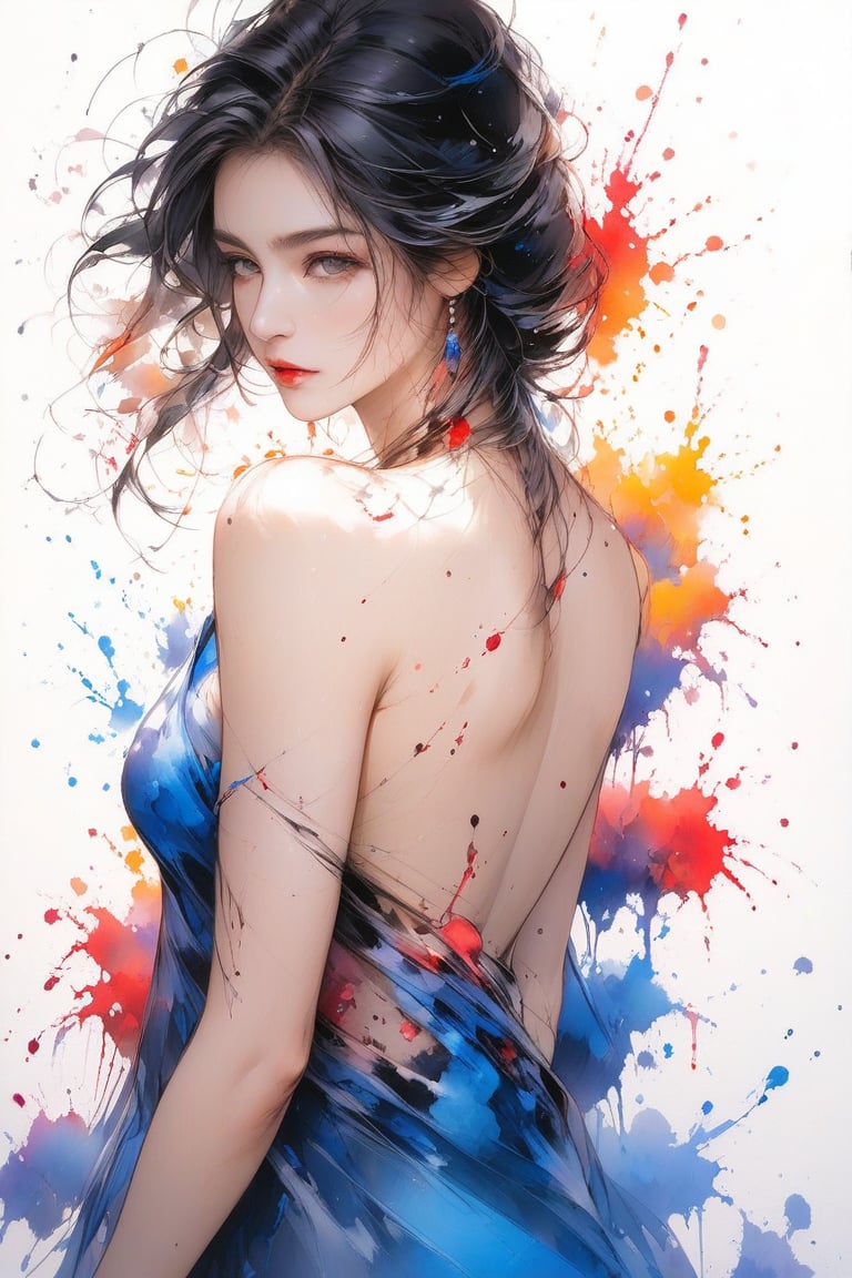 Very beautiful girl, elegant woman, ink droplets, ((colorful: 1.2)), white background, ((masterpiece: 2)), medium shot, bare shoulders, looking at viewer, ((stunning image: 1.5)), Ink art style