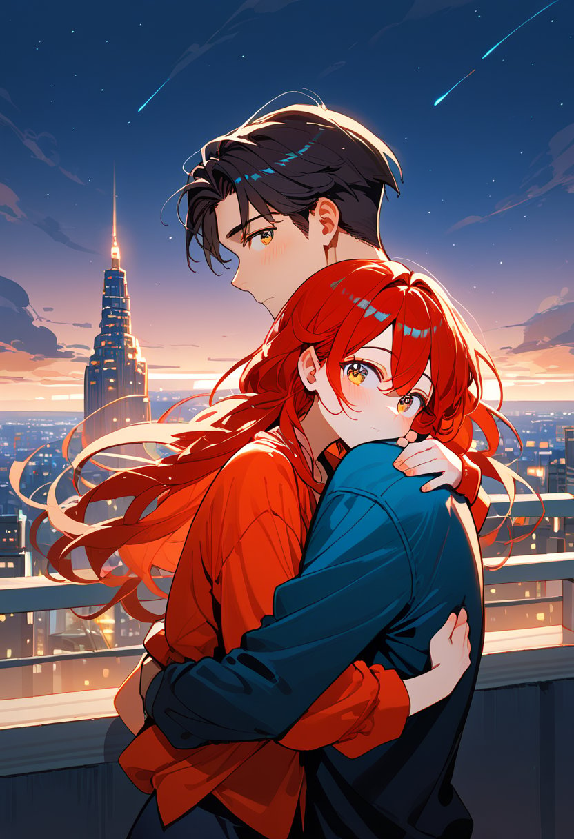 score_9, score_8_up, score_7_up, score_6_up, score_5_up, score_4_up,

1girl (red hair), long_hair, hug, night, 1boy (black hair), Man_hugs_girl_from_behind, shirt, hetero, looking_at_viewer, brown_hair, night_sky, couple, sky, long_sleeves, cityscape,jaeggernawt