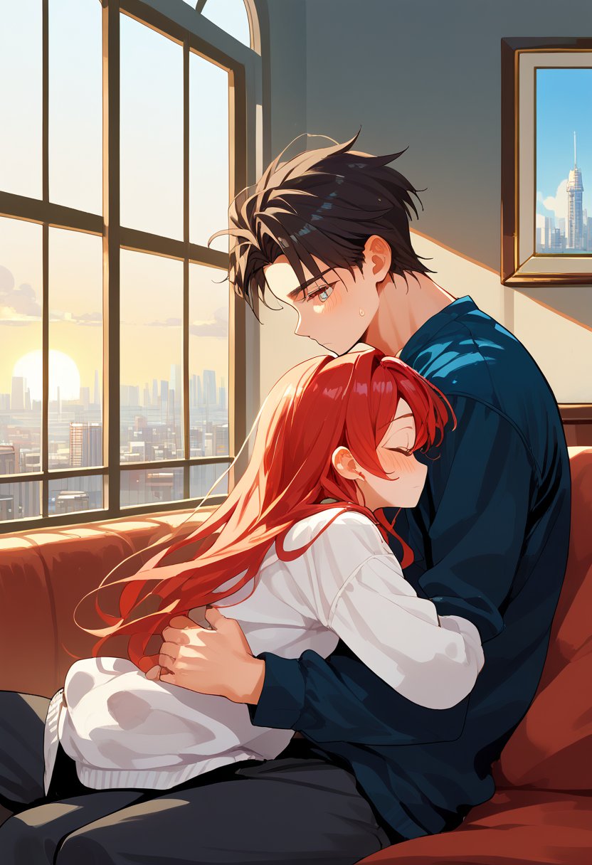 score_9, score_8_up, score_7_up, score_6_up, score_5_up, score_4_up,

1girl (red hair), long_hair, girl in his 20s, 1boy (black hair), a very handsome man, sitting in a L grey sofa inside of department, boy blush, Man_hugs_girl_from_behind, eyes_contact , hetero, black clothes,brown_hair, crepusculo_sky(picture window) sun, couple, sky, long_sleeves, perfect hands, cityscape, jaeggernawt,girlnohead