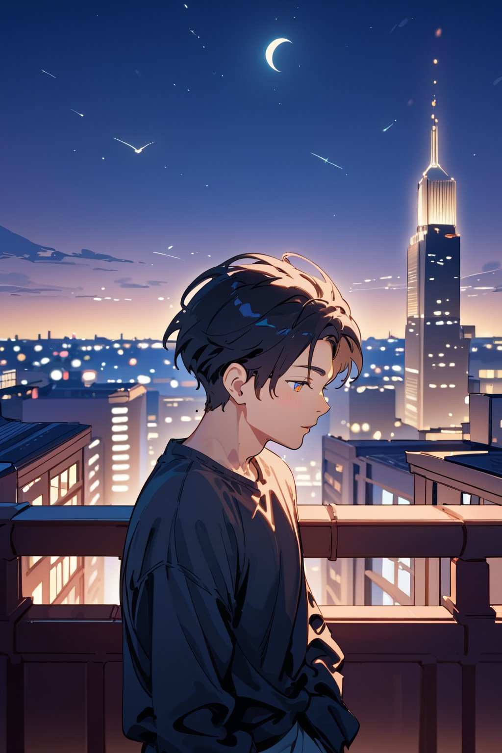 Score_9, Score_8_up, Score_7_up, Score_6_up, Score_5_up, Score_4_up, night, 1boy (black hair), sexy, standing on the balcony of a building,city, modern city, night,looking at the front building, shirt, hetero, brown_hair, night_sky, couple, sky, long_sleeves, cityscape,jaeggernawtcity,2b-Eimi