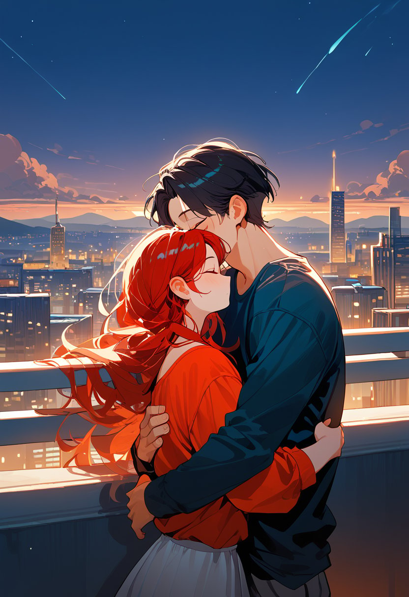 score_9, score_8_up, score_7_up, score_6_up, score_5_up, score_4_up,

1girl (red hair), long_hair, hug, night, 1boy (black hair), Man_hugs_girl_from_behind, shirt, hetero, brown_hair, night_sky, couple, sky, long_sleeves, cityscape,jaeggernawt