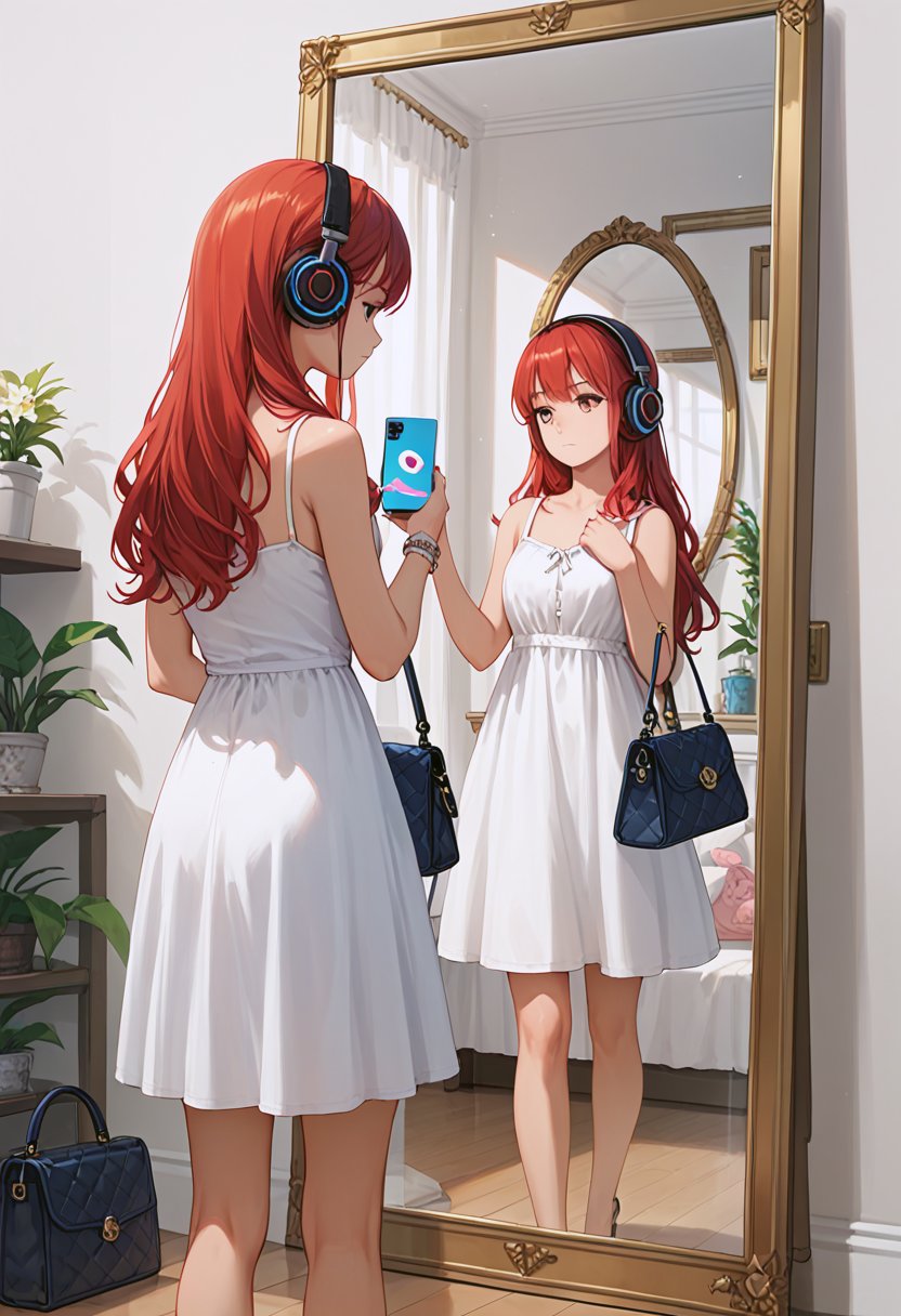 score_9, score_8_up, score_7_up, score_6_up, score_5_up, score_4_up,

1girl, solo, long hair, red hair, dress, bag, department, legs, headphones, phone, cellphone, smartphone, reflection, handbag, mirror, sundress