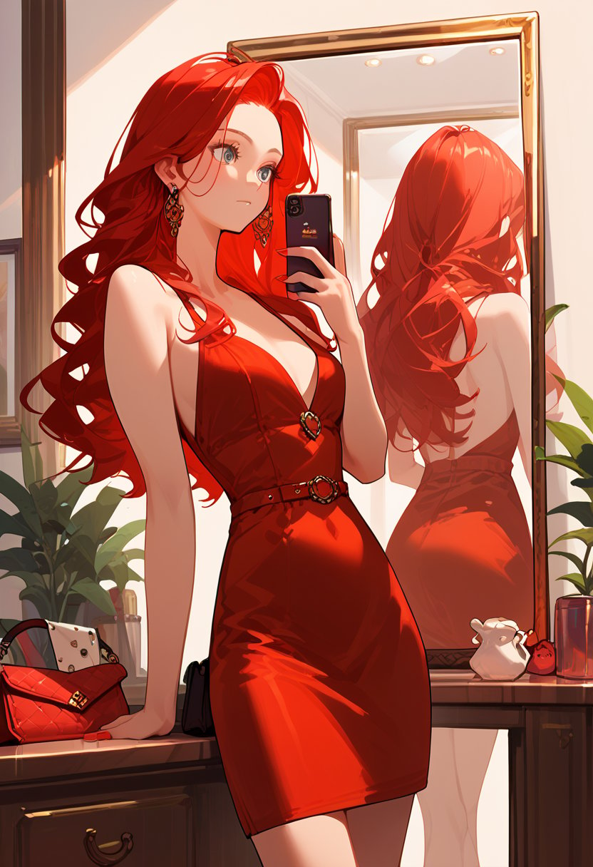 score_9, score_8_up, score_7_up, score_6_up, score_5_up, score_4_up,

1girl, solo, long hair, red hair, dress, bag, department, legs, phone, cellphone, smartphone, reflection, handbag, mirror, sexy dress