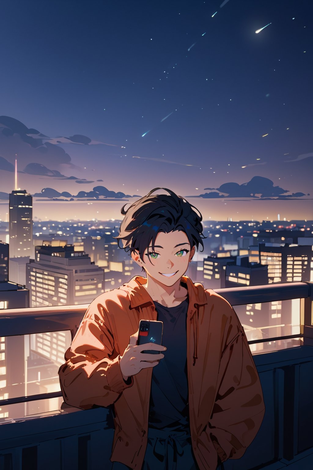 Score_9, Score_8_up, Score_7_up, Score_6_up, Score_5_up, Score_4_up, night, 1boy (black hair), sexy, standing on the balcony of a building,city, modern city, night,looking at the front building, shirt, hetero, brown_hair, night_sky, sky, holding a cell phone in his hand and looking at the cell phone,smiling, long_sleeves, cityscape,jaeggernawtcity,2b-Eimi